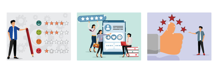 Survey feedback concept. Positive Social Feedback and Technology Interaction. Best star rating.