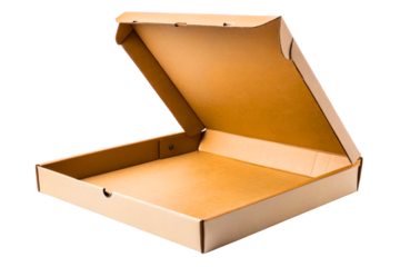 Cardboard pizza box with open lid showing empty interior isolated with transparent background