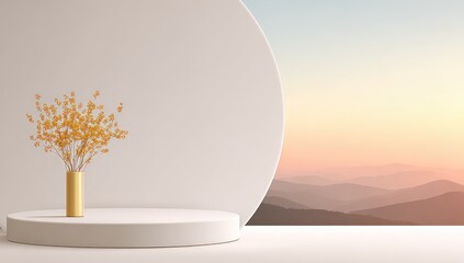 Minimalist podium display with dried golden flowers against a backdrop of mountains at sunset