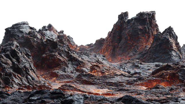 Jagged volcanic rocks with glowing orange lava fissures isolated on transparent background