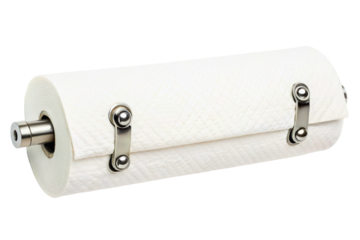 Paper towel roll mounted on stainless steel wall holder bracket isolated with transparent background
