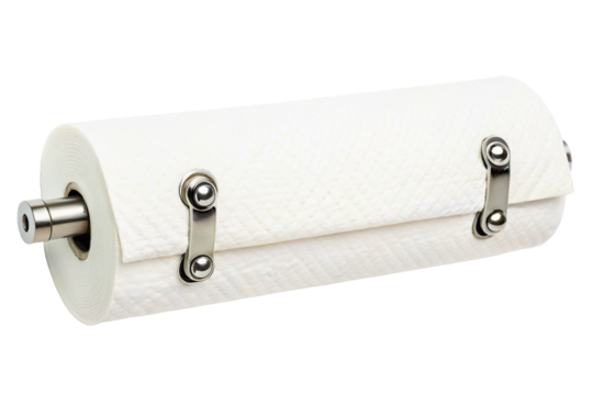 Paper towel roll mounted on stainless steel wall holder bracket isolated with transparent background