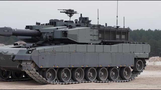 A modern military tank showcases its imposing power on the battlefield. The tank's design highlights its strength and advanced technology, ready for action.