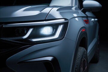 Fototapeta premium Close-up of a modern SUV's illuminated headlight