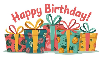 Colorful tropical themed birthday gifts with happy birthday text.