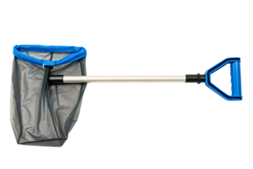 Deep net skimmer for swimming pool cleaning with long pole isolated with transparent background