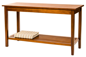Wooden console table with slatted shelf and folded striped towel isolated with transparent background