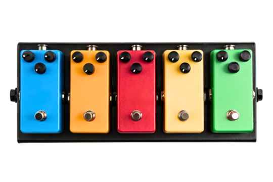 Top-down view of a pedalboard with colorful guitar pedals isolated with transparent background