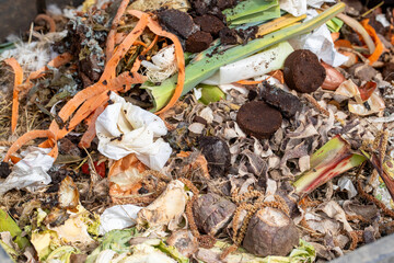 Plan rapproché sur un bac à compost extérieur rempli de déchets alimentaires. Un bac à compost dans un jardin rempli de déchets organiques en décomposition, favorisant le recyclage durable.