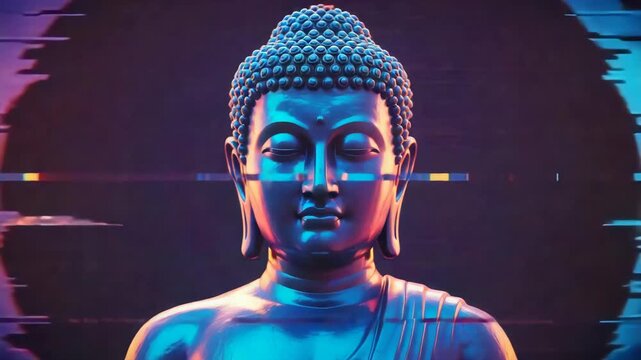 Buddha statue glows, neon-blue and orange bathe