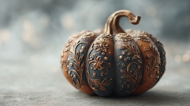Retro Thanksgiving pumpkin with carved designs on a misty white blur, vintage fall harvest, quirky gourd