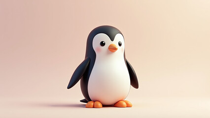 Obraz premium Cartoon penguin with black and white body and orange beak sits against a gentle pink-beige gradient. 