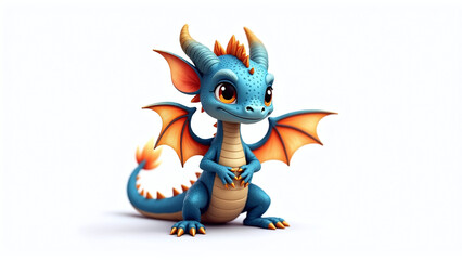 Cartoon blue dragon with orange wings and horns clasps claws in a friendly pose of mythic charm.

