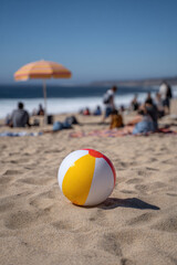 Obraz premium sunny day at beach where colorful beach ball bounces playfully amidst rolling waves