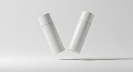 Two white aerosol cans float against a bright, neutral background, casting soft shadows on the surface below.
