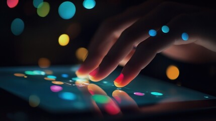 Female finger interacting with vibrant illuminated digital display