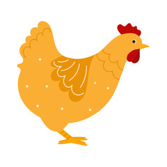 Cute hen vector illustration in flat style. Farm bird character with simple decorative feathers. Perfect for children’s design, farm-themed projects, packaging.