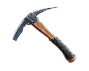 Pickaxe tool with metal head and wooden handle, isolated on transparency background, used for mining, construction, and gardening, showing rugged and practical design