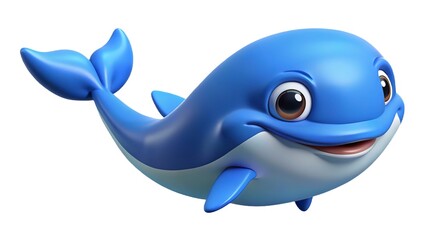 Happy 3D blue whale clipart with big eyes and a friendly grin, isolated on clean white background.