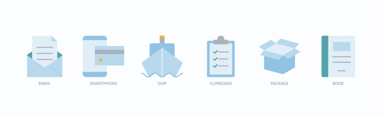 Logistics Essentials Icon Set Isolated Vector Illustration Concept With Icon Of Email, Smartphone, Ship, Clipboard, Package, Book In Flat Style
