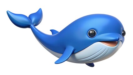 3D cartoon blue whale with a cheerful smile, adorable clipart style, isolated on white background.