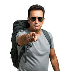 Naklejka premium A man with a backpack points his finger directly at the camera, creating a sense of focus.