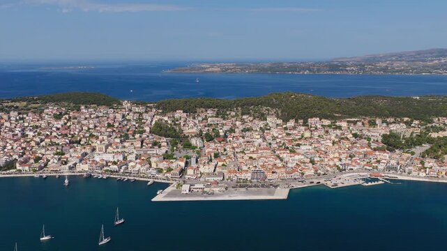 Aerial view of tourist town of Argostoli on island of Kefalonia, Greece, Ionian Sea destination for premium vacations