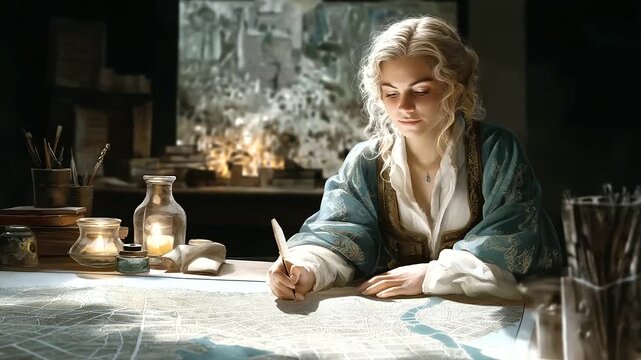 A cartographer creating a city map with a cozy workspace