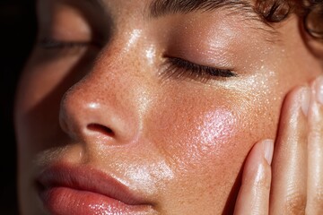 Fototapeta premium Close-up shot of woman's face with shiny skin, freckles, and hand near cheek. Perfect for beauty products, skincare ads, and health related themes.