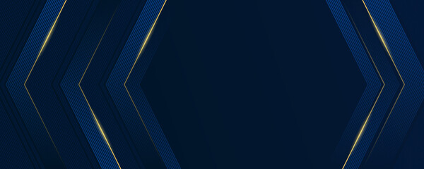 Dark navy banner with blue and gold lines. Geometric background