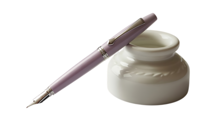 Closeup of Elegant Light Purple Fountain Pen and White Ink Pot on transparent Background