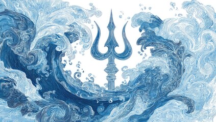 Trident emerges from stylized, swirling, blue ocean waves