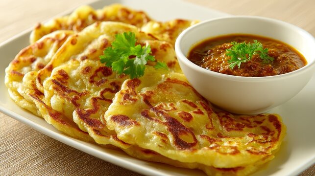 Savoring roti prata with curry dipping sauce malaysian flatbread delight food photography flat lay culinary art