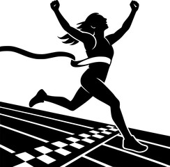 Woman runner crossing the finish line. Silhouette of athletic looking female runner running. EPS version.