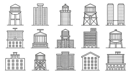 Collection of 28 different rooftop skyline line icons separated from each other with water tank and vent outlines blank background

