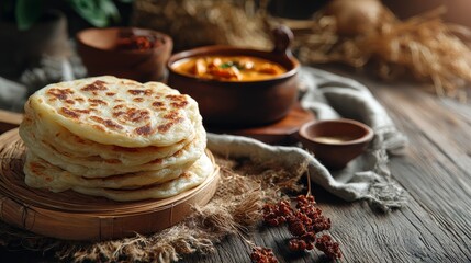 Delicious roti prata flatbread with indian curry rustic kitchen setting food styling concept malaysian cuisine inspiration