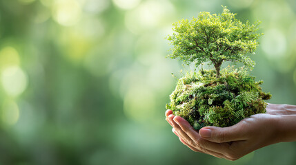 A small tree growing on mossy soil, held in two hands against a bright green background. Ideal for themes of nature, conservation, and environmental care.