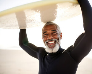 Smiling senior man with surfboard enjoys beach day.