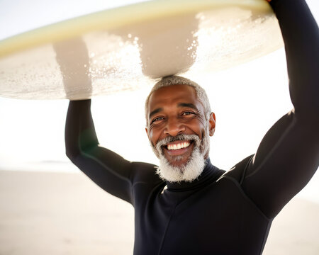Smiling senior man with surfboard enjoys beach day.