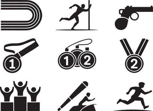 Track Sports and Field Events Icons – Solid Vector Set of Running Lanes, Pole Vault, Starting Gun, and Medals