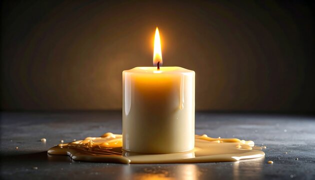 Single candle, melted wax puddle, dark background
