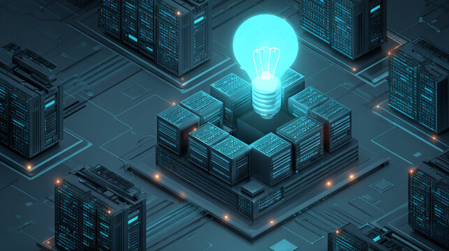 Innovative Network: A network illuminated by a bright idea, emphasizing creativity and connectivity in a digital world. Server racks show innovation.