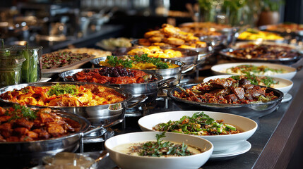 Obraz premium A diverse buffet featuring various food items in metal serving dishes and bowls, showcasing a wide array of culinary options.