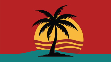 Palm tree silhouette on tropical beach at sunset with ocean and sky background