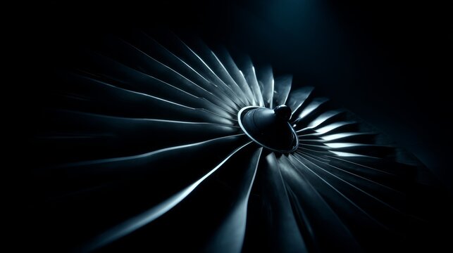 The image depicts a jet engine up close, featuring a black and silver color scheme