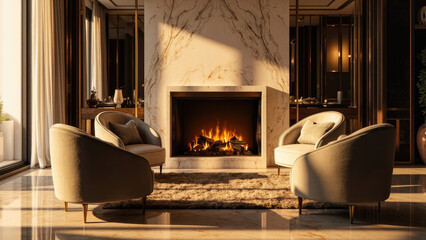 Luxurious living room interior with a fireplace surrounded by armchairs and a rug marble wall golden accents and warm lighting
