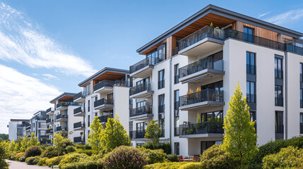 Modern apartment complex with balconies under a sunny blue sky, surrounded by lush landscaping, offers upscale urban living in a green, community-focused setting.