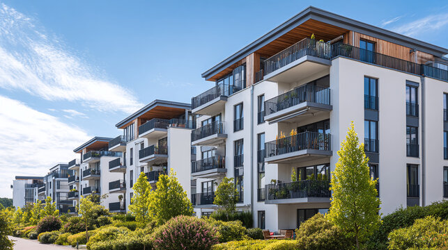 Modern apartment complex with balconies under a sunny blue sky, surrounded by lush landscaping, offers upscale urban living in a green, community-focused setting.