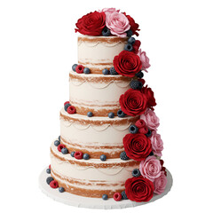 Elegant white wedding cake decorated with red roses multiple tiers