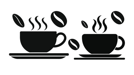 Obraz premium Coffee cup icon with steaming hot coffee and coffee beans illustration vector design